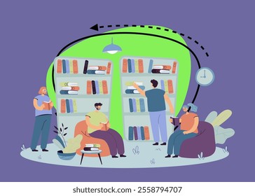 People sitting at bookshelves and reading books in bookstore. Students studying in library. Vector illustration for knowledge, bookworm, literature, education concept