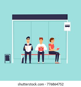 People sitting at the bus stop. Flat design vector illustration.