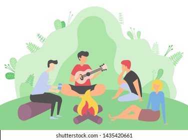 People sitting by bonfire vector, man playing guitar friends sitting on wooden log. Personage musician with musical instrument, musician by fire camping