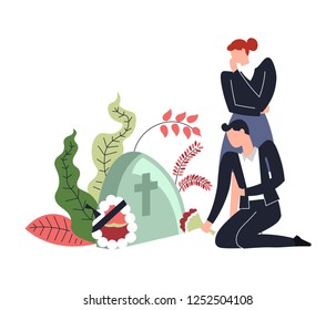 People sitting by gravestone of deceased person wreath and flowers in bloom vector cross on tombstone cemetery place with man and woman crying over dead body buried in coffin mourning lady guy.
