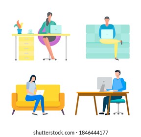 People sitting by tables working online vector, man and woman with laptops, programmers and coders doing tasks and developing business project base