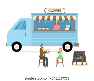 People sitting by truck with coffee sign vector, man and woman on date drinking beverage, seller with different types of drinks, street shop flat style