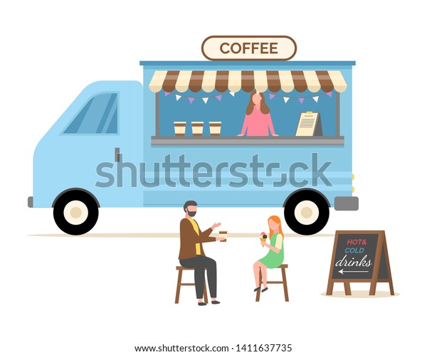 People sitting by truck with coffee sign\
vector, man and woman on date drinking beverage, seller with\
different types of drinks, street shop flat\
style