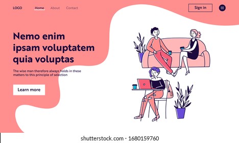 People sitting in cafe, drinking coffee and working on laptops vector illustration. Men and women coworking and chatting in coffeehouse. Barista serving coffee to customers. Coffeeshop interior