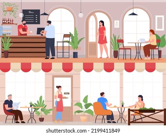 People are sitting in a cafe drinking coffee and eating. Waiters serve cafe customers. Vector illustration