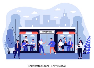 People sitting in cafe during coffee break. Coworking, employee, colleague flat vector illustration. Hot beverage and rest concept for banner, website design or landing web page