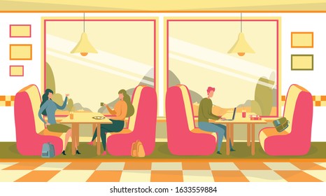 People Sitting at Cafe Having Breakfast Flat Cartoon Vector Illustration. Boy Student Working on Computer. Two Women Chatting. Characters Eating and Drinking Cofee, Juice. Having Meal.