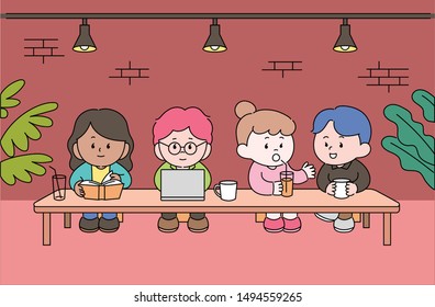 People Sitting At Cafe Long Table. Flat Design Style Minimal Vector Illustration.