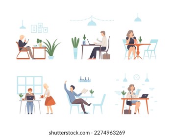 People sitting in cafe or restaurant, drinking coffee and working with laptop computers set flat vector illustration