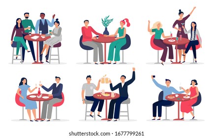 People sitting at cafe table. Couples in love on date, cafe meeting with friends vector illustration set. People in restaurant or cafe, couple talking