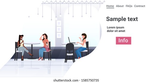 people sitting at cafe tables mix race visitors discussing during meeting modern restaurant interior horizontal copy space full length vector illustration