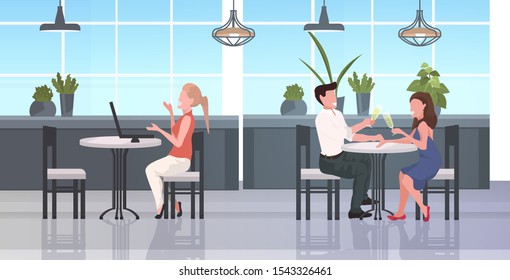 people sitting at cafe tables visitors discussing during meeting modern restaurant interior horizontal sketch full length vector illustration