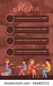 People are sitting in a cafe. Vector illustration of template  menu, brochure.