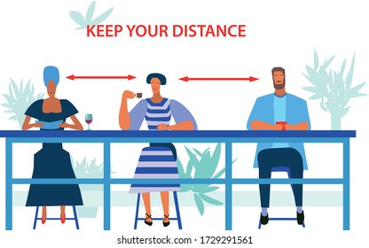 people sitting in a cafe. Woman reading a book. Woman drinking coffee. The man drinks tea. Vector flat illustration. inscription: keep your distance