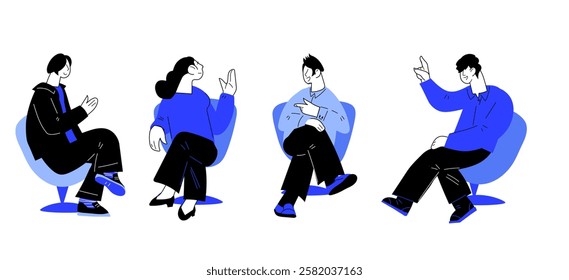 People sitting in chairs and discussing for concept of group counseling, conference speakers at forum, encouraging support group or business people discussing problems. Vector illustration on white.