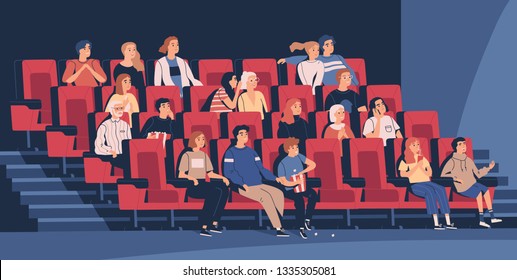 People sitting in chairs at movie theater or cinema auditorium. Young and old men, women and children watching film or motion picture. Viewers or moviegoers. Flat cartoon vector illustration.