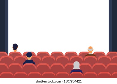 People Sitting In Chairs At Movie Theater Or Cinema Auditorium. Young And Old Men And Woman Watching Film Or Motion Picture. Viewers Or Moviegoers. Flat Cartoon Vector Illustration.