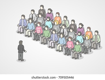 People sitting in chairs on audience. Speaker doing presentation and professional training about marketing, sales or e-commerce. Presentation or motivation conference. Vector illustration