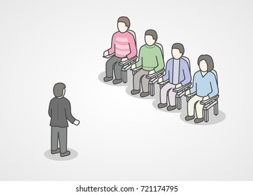 People sitting in chairs on audience. Speaker doing presentation and professional training about marketing, sales or e-commerce. Presentation or motivation conference. Vector illustration