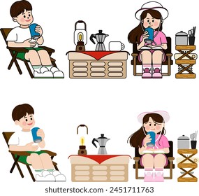 people sitting in chairs and relaxing with beer and drinks after organizing camping gear