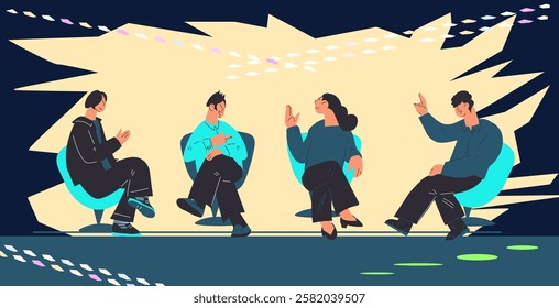 People sitting in chairs at stage and discussing problems and issues, conference speakers at forum, flat vector illustration. Business meeting, forum or debates scene, talk show and discussion.