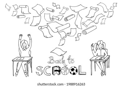People sitting in chairs at tables are happy to be back at school. Sheets of paper fly and the mood in the air. Sketch illustration on a white background. Vector