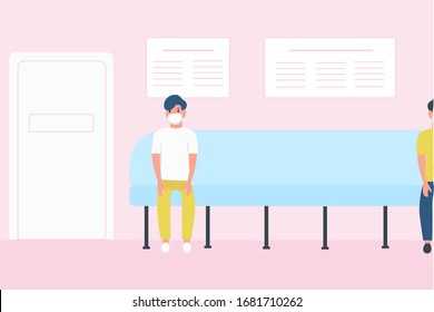 People are sitting in chairs waiting for the appointment of a doctor in the hospital. Men in a doctor’s office or clinic. Vector illustration in a flat style.