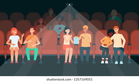 People sitting in cinema hall cartoon style, vector illustration. Couples and men and women audience watching movie in dark spectator hall