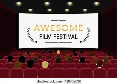 People sitting in the cinema hall and watching film in the cinema. Flat illustration of film festival template design with copy space on the cinema screen