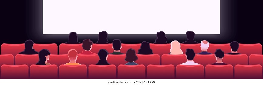 People sitting in cinema hall with white blank screen. View from back. Rows of seats, red cinema chairs. Theater empty scene. Movie theatre. Flat style cartoon design. Vector eps10 illustration.