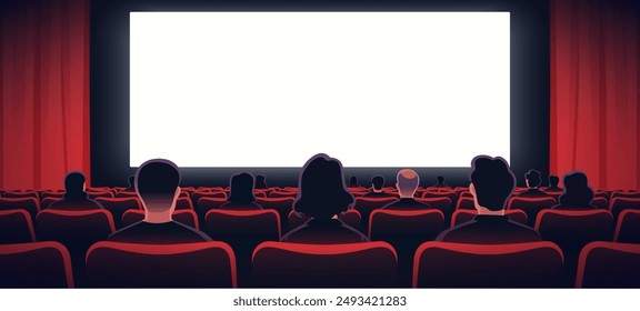 People sitting in cinema hall with white blank screen. View from back. Rows of seats, red cinema chairs. Theater empty scene. Movie theatre. Flat style cartoon design. Vector eps10 illustration.