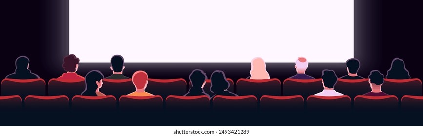 Personas sentadas en la sala de cine con la pantalla blanca en blanco. Vista desde atrás. Filas de Vacantes, sillas de cine rojo. Escena vacía de teatro. Cine. Diseño de dibujos animados de estilo plano. ilustración del Vector eps10.