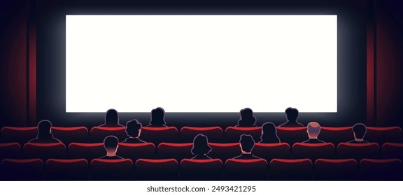 Menschen sitzen im Kinosaal mit weißer leerer Leinwand. Blick von hinten. Benutzer in Reih und Glied, rote Kinosessel. Theater leere Szene. Kino. Flaches Cartoon-Design. Vektorgrafik EPS10 Abbildung.