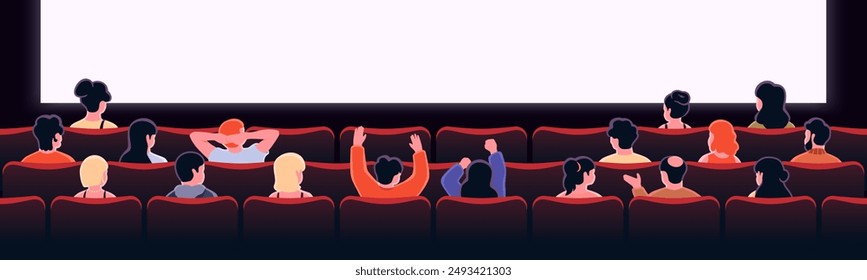 People sitting in cinema hall with white blank screen. View from back. Rows of seats, red cinema chairs. Theater empty scene. Movie theatre. Flat style cartoon design. Vector eps10 illustration.