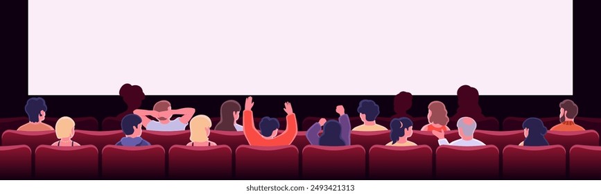 People sitting in cinema hall with white blank screen. View from back. Rows of seats, red cinema chairs. Theater empty scene. Movie theatre. Flat style cartoon design. Vector eps10 illustration.