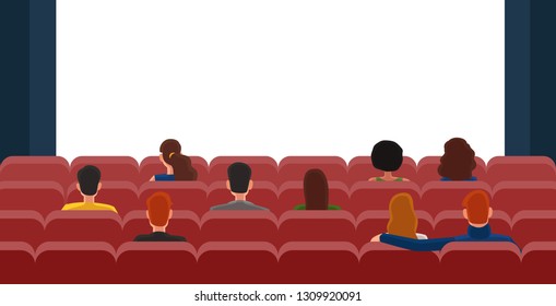 People Sitting in the Cinema or Theater Hall and Watching Movie Motion Picture. Back view. Colorful Vector Illustration in Flat Cartoon Style