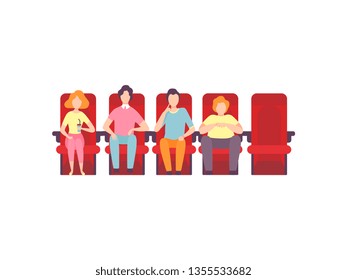 People Sitting in Cinema Theatre and Watching Movie, Young Men and Woman Looking at Projection Screen in Cinema Hall Vector Illustration