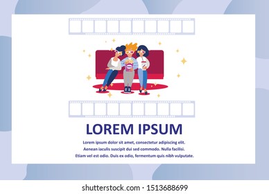 People Sitting in Cinema Theatre and Watching Movie, Young Man and Women Wearing 3d Glasses Eating Popcorn and Drinking Soda Drink in Cinema Hall. Cartoon Flat Vector Illustration, Horizontal Banner