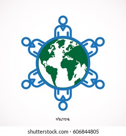 People sitting in a circle around the planet. Business people and world map. Vector illustration