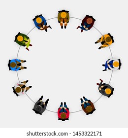 People sitting in a circle on white background. Vector illustration