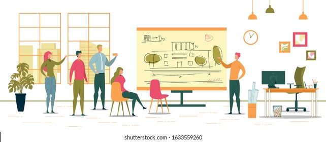 People Sitting at Classroom Looking at Board with Building Plan Flat Cartoon Vector Illustration. Lecturer Telling Students about Architecture Design. Office or Studio with Equipment.