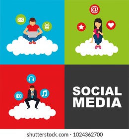 people sitting in cloud with device technology social media