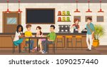 People sitting in a coffee shop. Cafe with friends on tables.