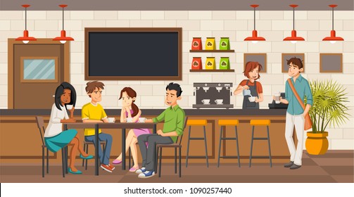 People Sitting In A Coffee Shop. Cafe With Friends On Tables.