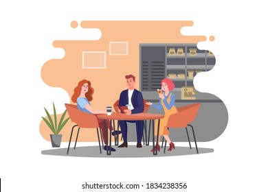 People sitting in a coffee shop. Cafe with friends on tables