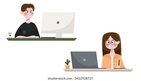 People Sitting with Computer and Laptop. Man and Woman Doing Their Work at a Table. Vector Flat Illustration