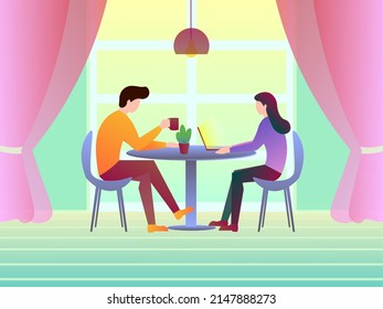 People sitting in cozy cafe and having coffee. Contemporary illustration of couple spending time. Trendy design of lifestyle.