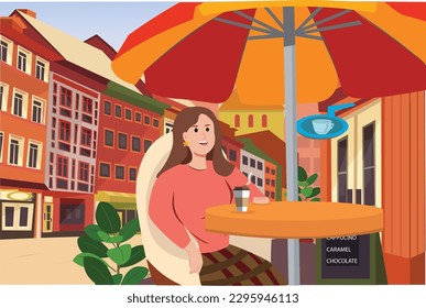 People sitting at Cozy and relaxing coffee shop. Exterior Barista and customers sit outside modern cafe. women resting outside cafeteria or coffeehouse. Colored flat vector illustration 