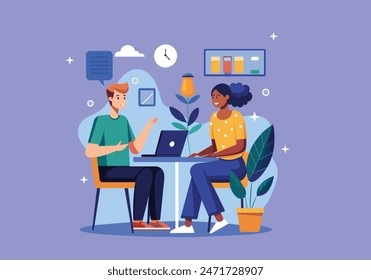 gente sentada en el escritorio con laptops, trabajando juntos, discutiendo sobre start-ups. Reunión de colegas. Coworking, concepto de trabajo en equipo. Vector ilustrador de estilo de dibujos animados