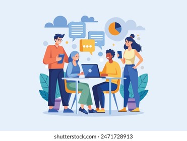 gente sentada en el escritorio con laptops, trabajando juntos, discutiendo sobre start-ups. Reunión de colegas. Coworking, concepto de trabajo en equipo. Vector ilustrador de estilo de dibujos animados